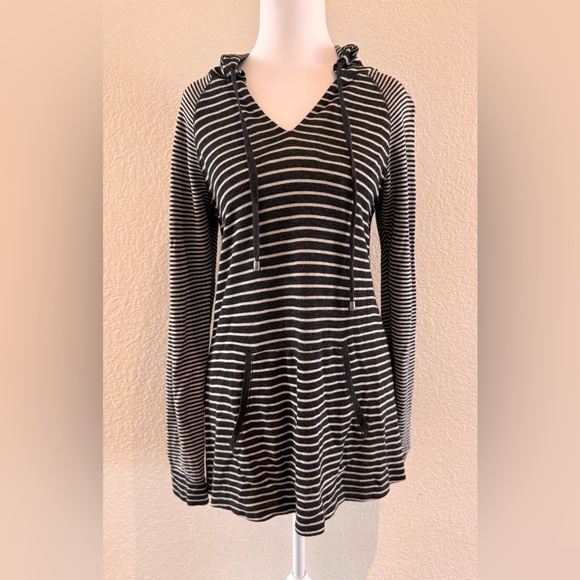 James Perse Grey Striped Hooded Pullover Hi-Low Hem & Kangaroo Pocket - Size S - Picture 2 of 14